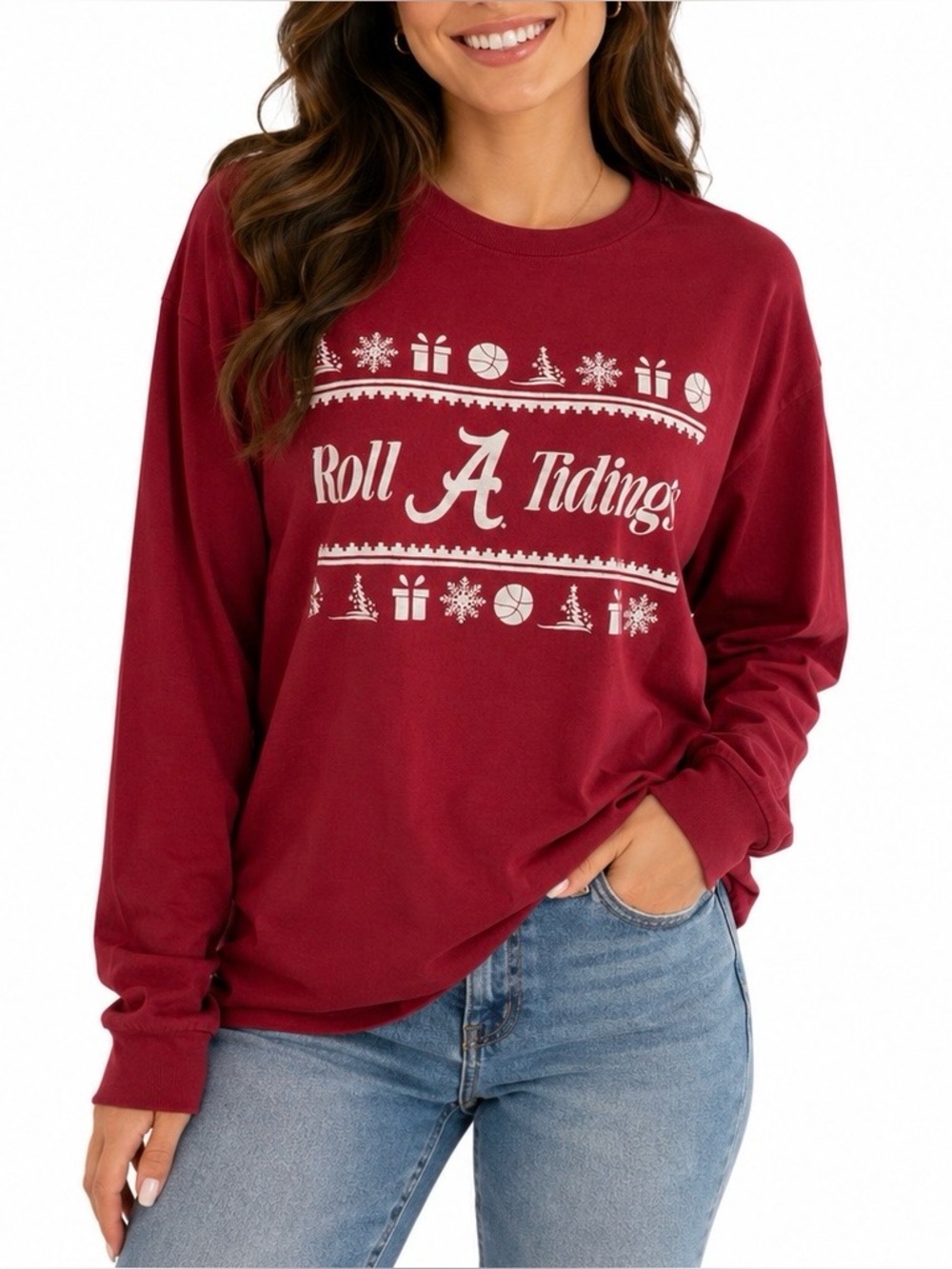 Gildan Unisex Alabama Crimson Tide "Roll A Tidings" long-sleeve t-shirt. Size L.